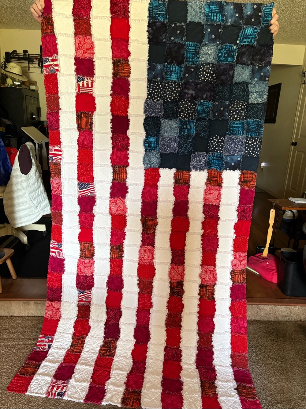 Handmade Red, White & Blue Patchwork rag quilt throw